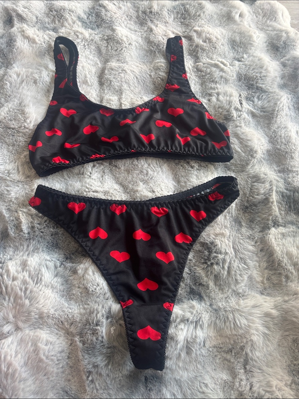 Fashion Nova Black Two-Piece Set with Red Heart Accents